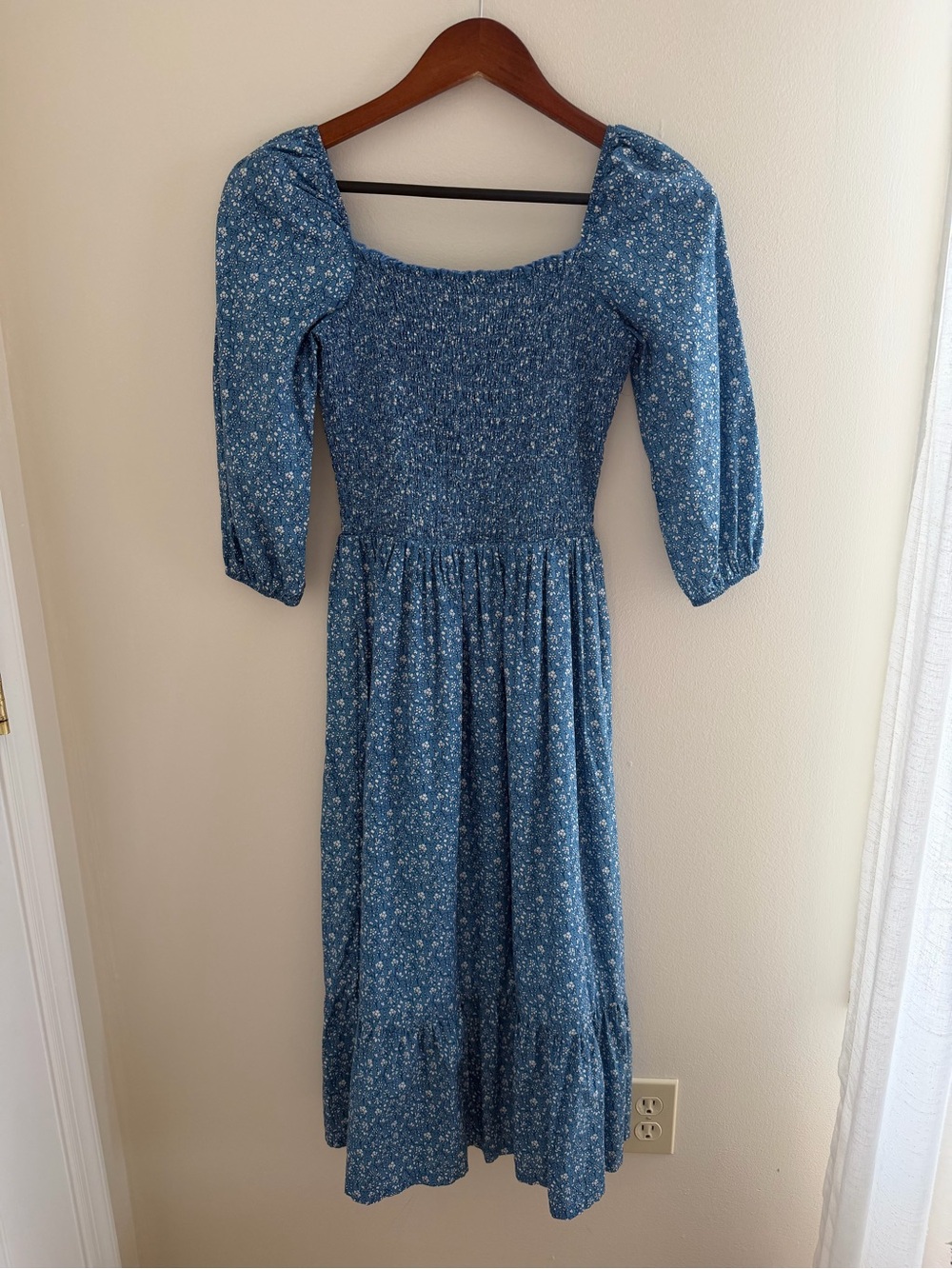 Smocked Blue Floral Midi Dress with Puff Sleeves